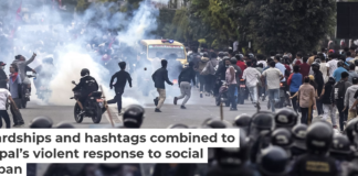 Riot police fire tear gas into crowds of demonstrators in Kathmandu on Sept. 8, 2025. Prabin Ranabhat/AFP via Getty Images